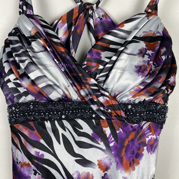 Y2K Maxi Gown Dress Womens Jr Sz 9 / Sm Animal Print Beaded Halter Prom Mobwife - Picture 3 of 11